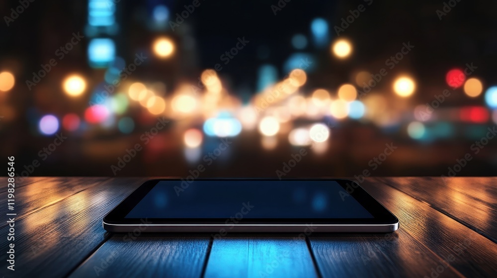 Modern Tablet on Wooden Table with Blurred City Lights Modern Tablet on Wooden Table with Blurred City Lights