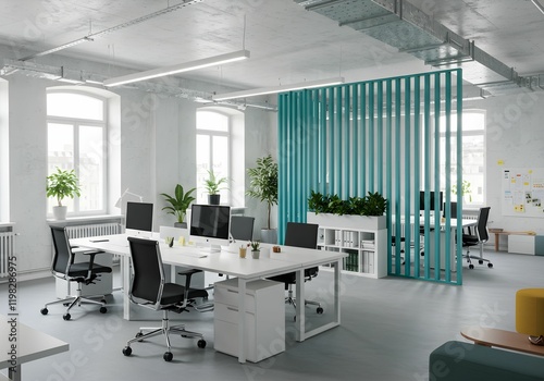 Modern office, Modern coworking office, Modern white and blue open space office interior