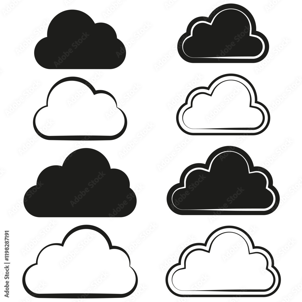 Cloud icon set. Black and white contrast. Minimalist vector shapes. Atmospheric weather symbols. Cloud icon set. Black and white contrast. Minimalist vector shapes. Atmospheric weather symbols.