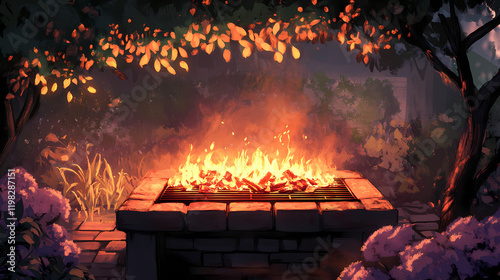 Ashy embers glow softly in a grill's recesses, , fire. Sunpetal. Illustration