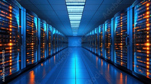 A futuristic data center showcasing rows of servers illuminated by blue and orange lights, emphasizing a high-tech environment.