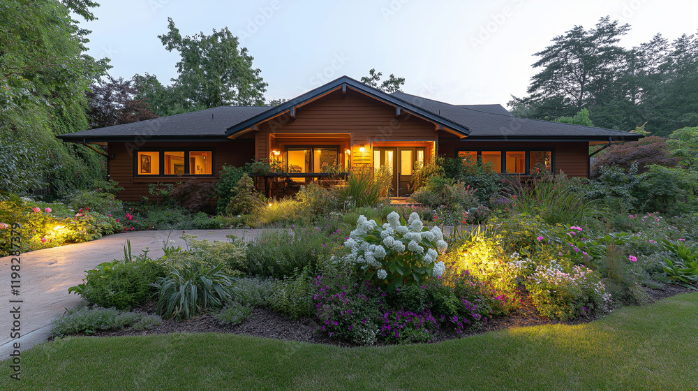 Serene Suburban Haven: A charming, well-maintained suburban home with a warm wooden facade basks in the soft glow of twilight, enveloped by lush greenery and meticulously landscaped gardens. Serene Suburban Haven: A charming, well-maintained suburban home with a warm wooden facade basks in the soft glow of twilight, enveloped by lush greenery and meticulously landscaped gardens.