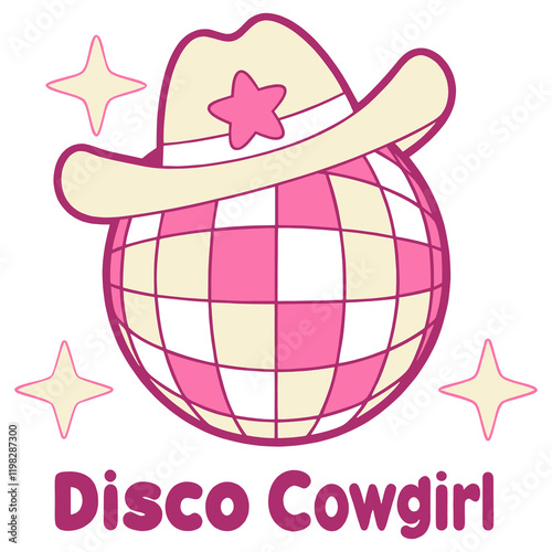 Pink Disco ball Cowgirl hat illustration, trendy groovy vibes disco era.