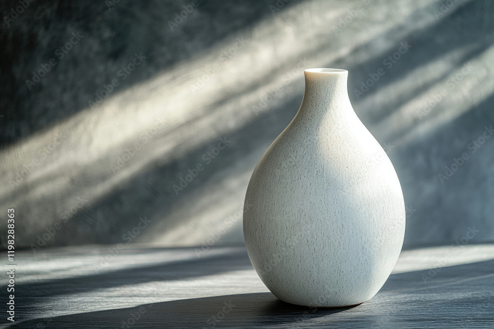 A speckled white ceramic vase sits on a dark surface, bathed in sunlight streaming through a window. A speckled white ceramic vase sits on a dark surface, bathed in sunlight streaming through a window.
