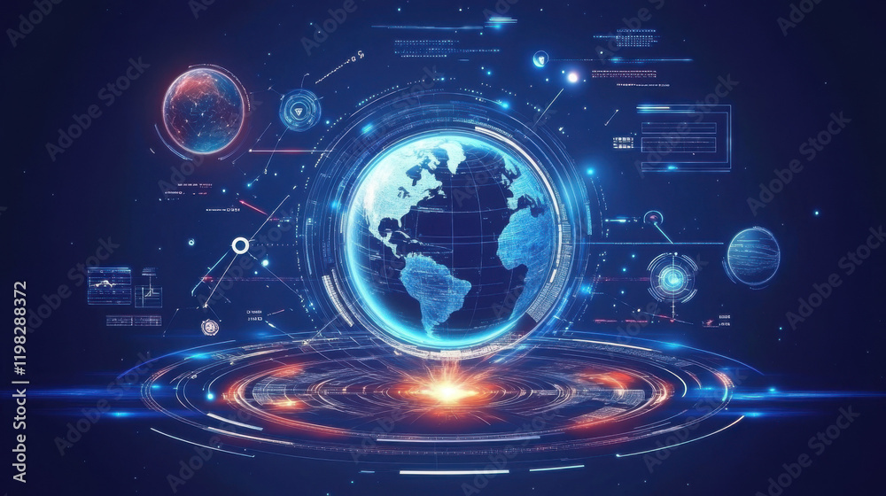 Fototapeta premium Galactic Exploration Scene with Planets and Advanced Technology, Futuristic Sci-Fi Concept.