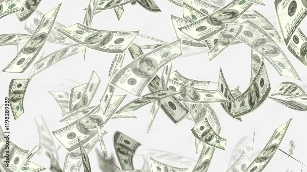 Money falling drop from ceiling in a money rain animation, Money falling and flying in the air, light version with not as many bills,
money fall with white background, Dollars bills falling down,