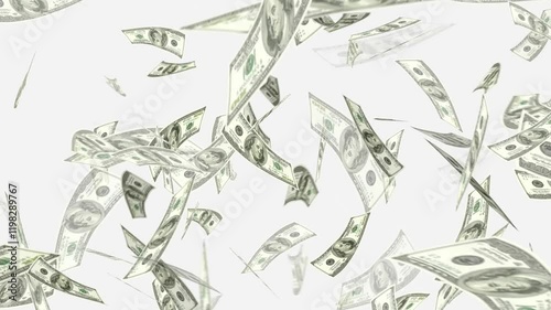 Money falling drop from ceiling in a money rain animation, Money falling and flying in the air, light version with not as many bills,
money fall with white background, Dollars bills falling down,