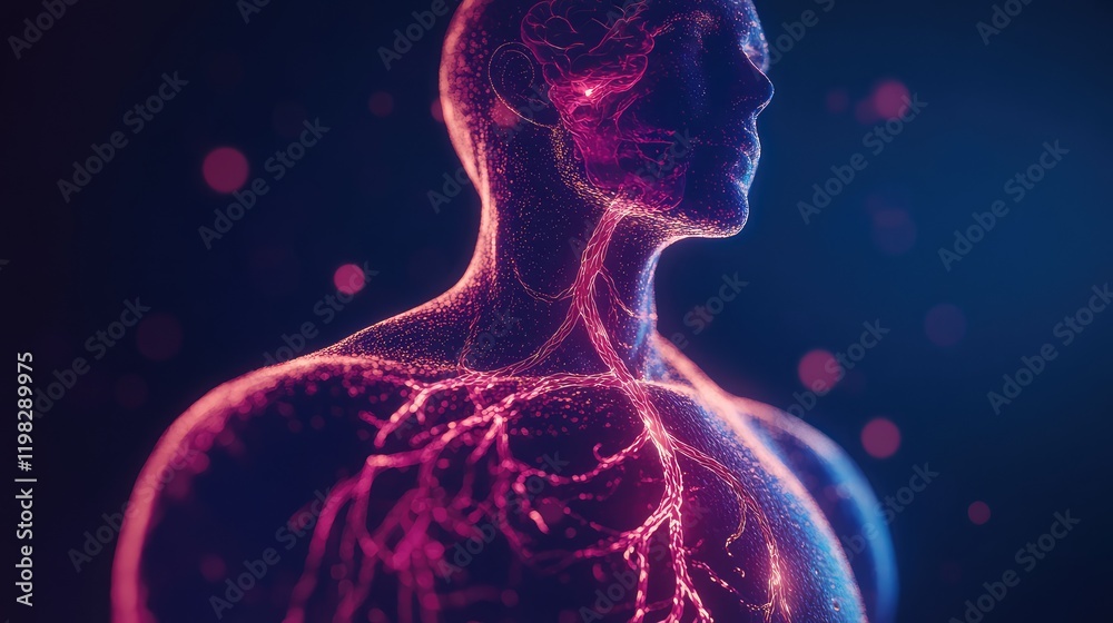 D digital rendering of a glowing human circulatory system with detailed arteries and veins.