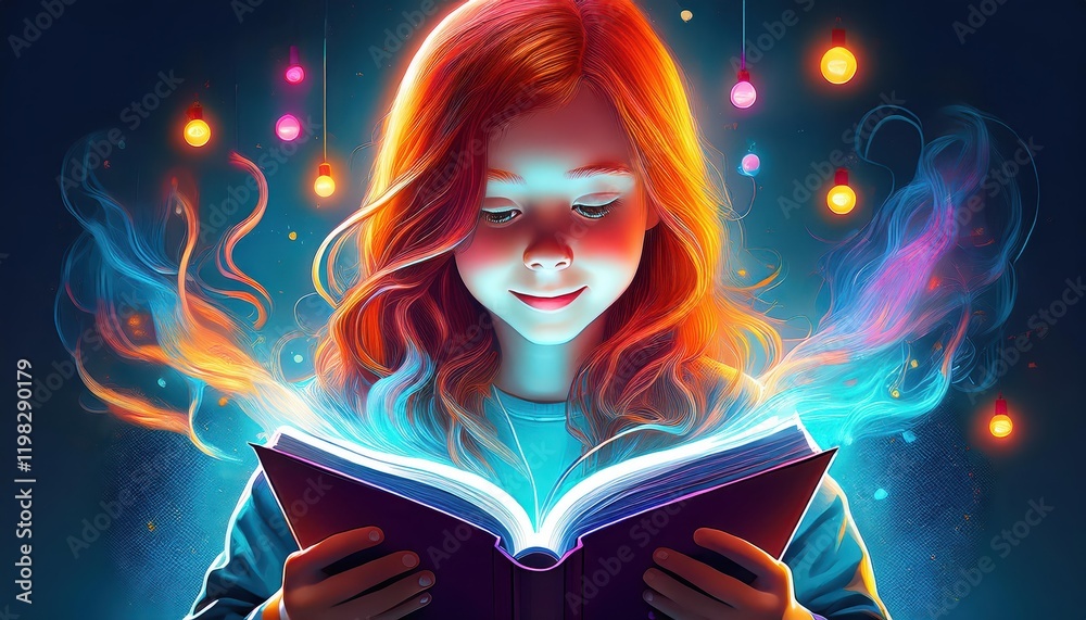 Engrossed Redhead Girl in Soft Glow of Mystical Book, Surrounded by Warm Ambiance and Whimsical Atmosphere Engrossed Redhead Girl in Soft Glow of Mystical Book, Surrounded by Warm Ambiance and Whimsical Atmosphere