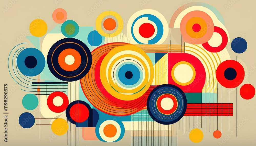 Vibrant Retro Geometric Abstraction Circular Patterns and Ring Designs in a Striking, Eyecatching Illustration, Embracing Bold Colors and Textures. Vibrant Retro Geometric Abstraction Circular Patterns and Ring Designs in a Striking, Eyecatching Illustration, Embracing Bold Colors and Textures.