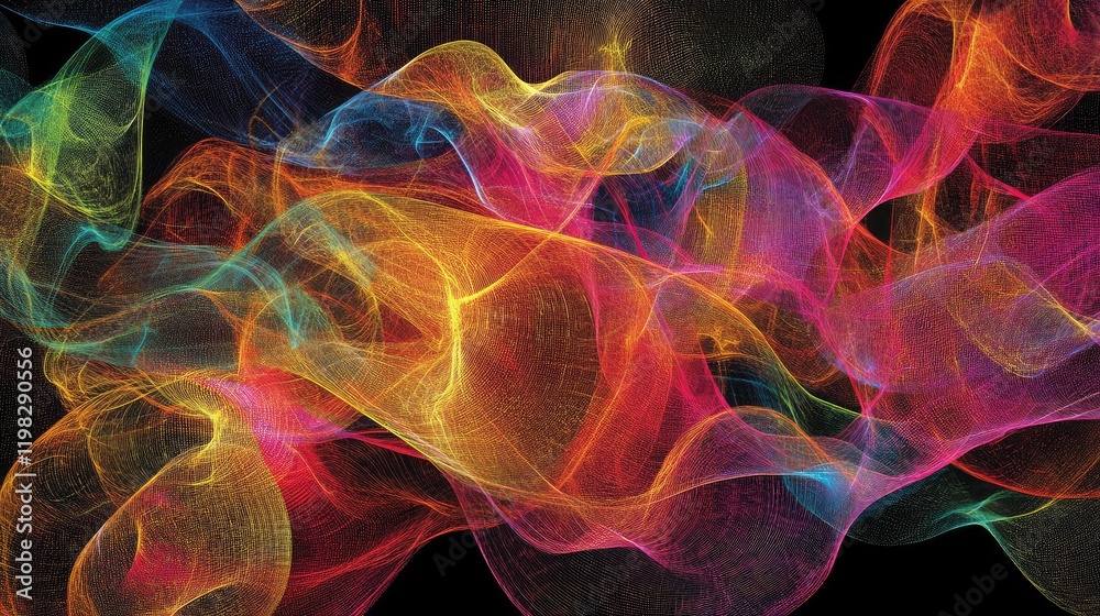 Obraz premium Abstract glowing holographic elements and floating particles creating dynamic digital wave patterns.