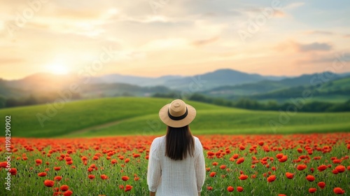 Wallpaper Mural Woman in Hat Enjoying Sunset Over Flower Field Torontodigital.ca