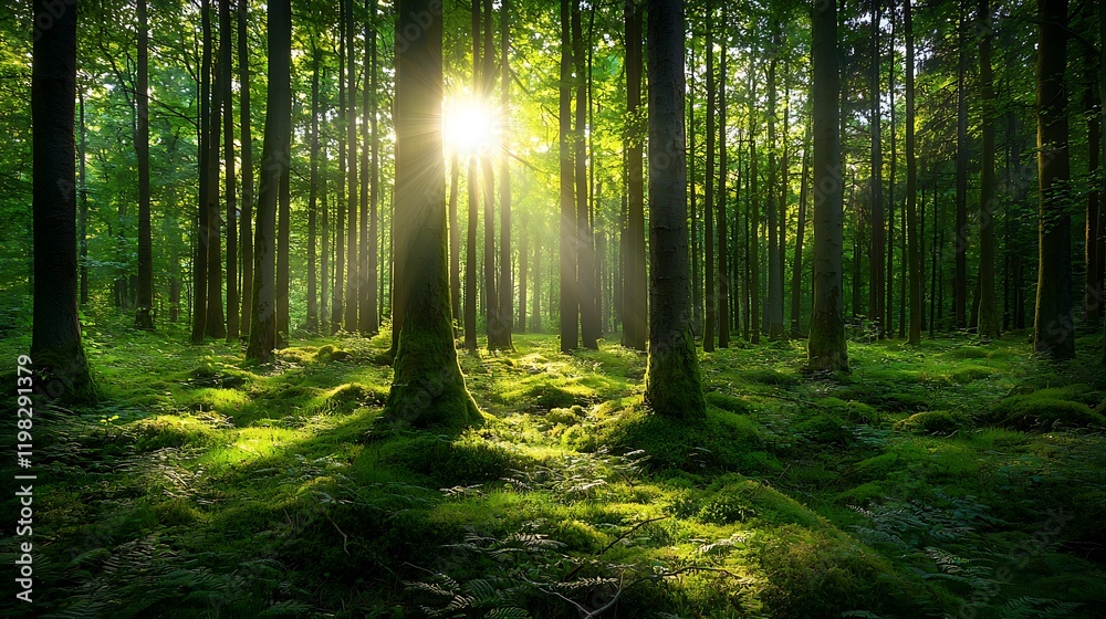 Naklejka premium A vibrant forest tall, dense trees with thick moss covering the trunks, sunlight filtering through the canopy