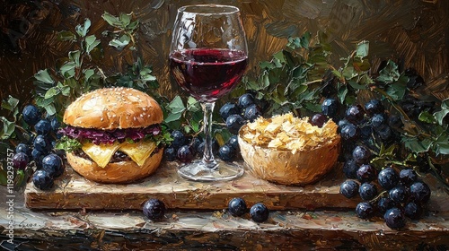 Still Life: Gourmet Burger, Red Wine, and Grapes