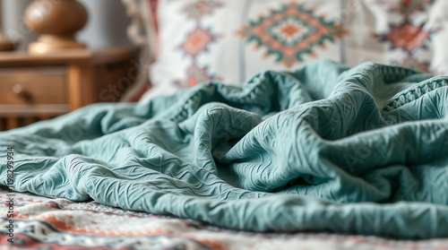 Close-up of a teal, textured blanket on a bed, creating a cozy and relaxing atmosphere. Perfect for home decor and interior design inspiration. photo