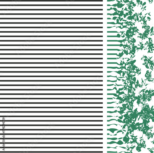 Lined sheet and lateral distortions that simulate torn foliage or vegetation.
