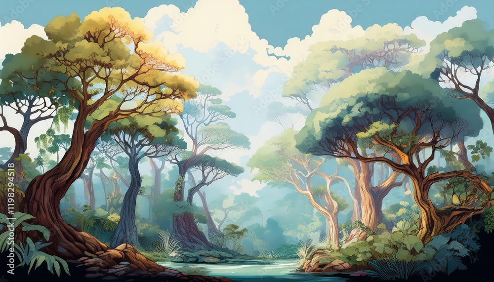 Fototapeta premium Exquisite Woodland Artwork Exploring Textured Paint Design, Depicting Arboreal Shapes and a Vibrant Moody Forest Landscape