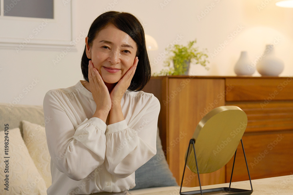 夜のリビングで顔に化粧水を塗る50代の女性 夜のリビングで顔に化粧水を塗る50代の女性