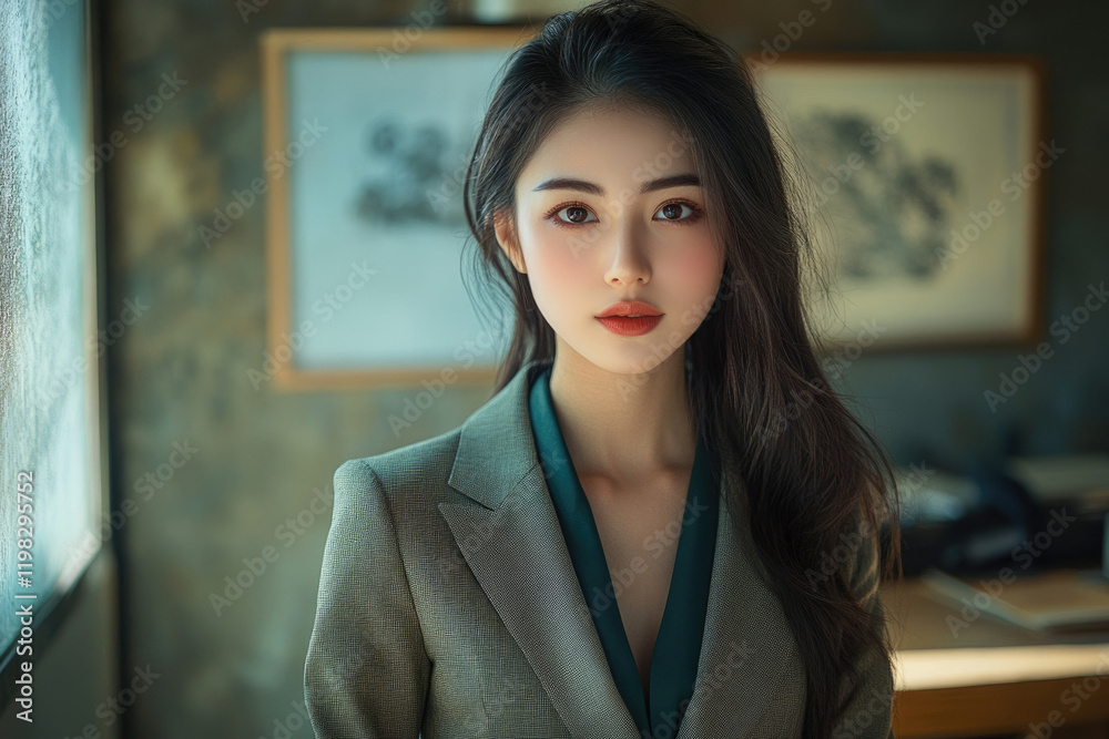 Fototapeta premium A young woman with long black hair, wearing a gray blazer, looks directly at the camera.