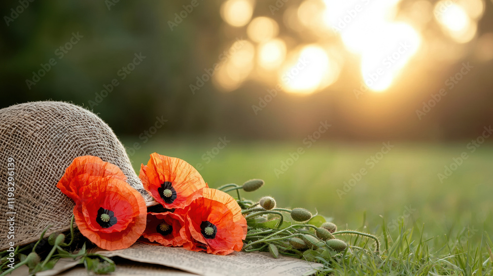Obraz premium beautiful arrangement of poppies beside straw hat at sunset