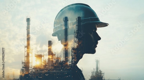 Wallpaper Mural Double exposure of refinery worker's profile and industrial plant at sunset. Torontodigital.ca