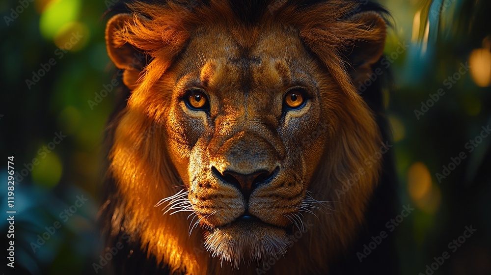 Majestic lion portrait, African savanna, sunset, wildlife Majestic lion portrait, African savanna, sunset, wildlife