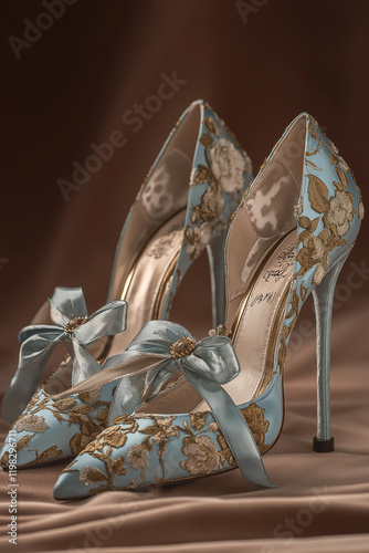 light blue, floral-patterned high heels with white ribbons 