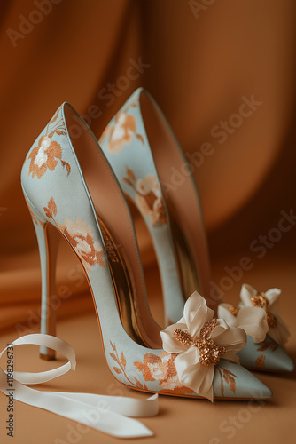 light blue, floral-patterned high heels with white ribbons 