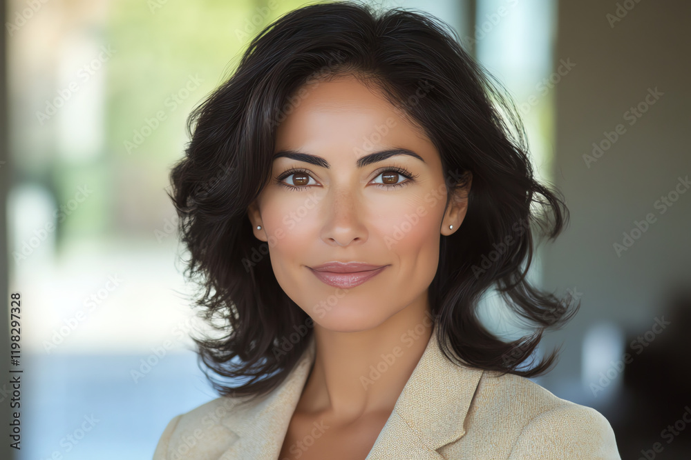 Fototapeta premium Professional woman smiling confidently in modern office environment
