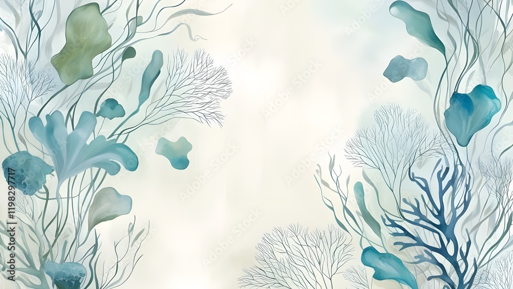 Fototapeta premium AI GENERATE, Abstract underwater botanical design with floating algae and coral shapes in soft blues and greens