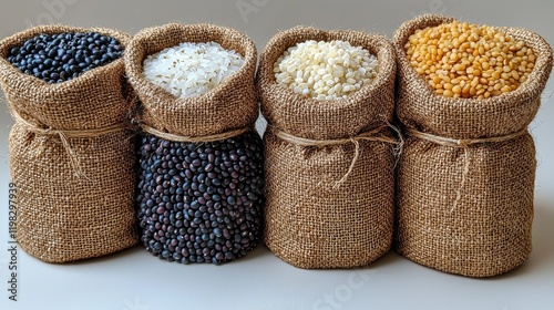 Four burlap sacks filled with various grains and beans photo