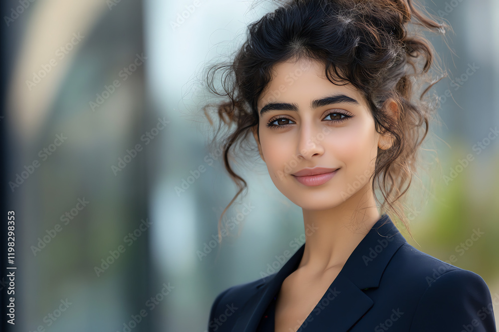 Fototapeta premium Confident young woman with curly hair in a professional blazer, outdoor portrait