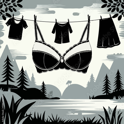 Nostalgic Vector Illustration: Black and White Bra and Underwear on Clothesline Surrounded by Scenic Forest Landscape and Pine Trees