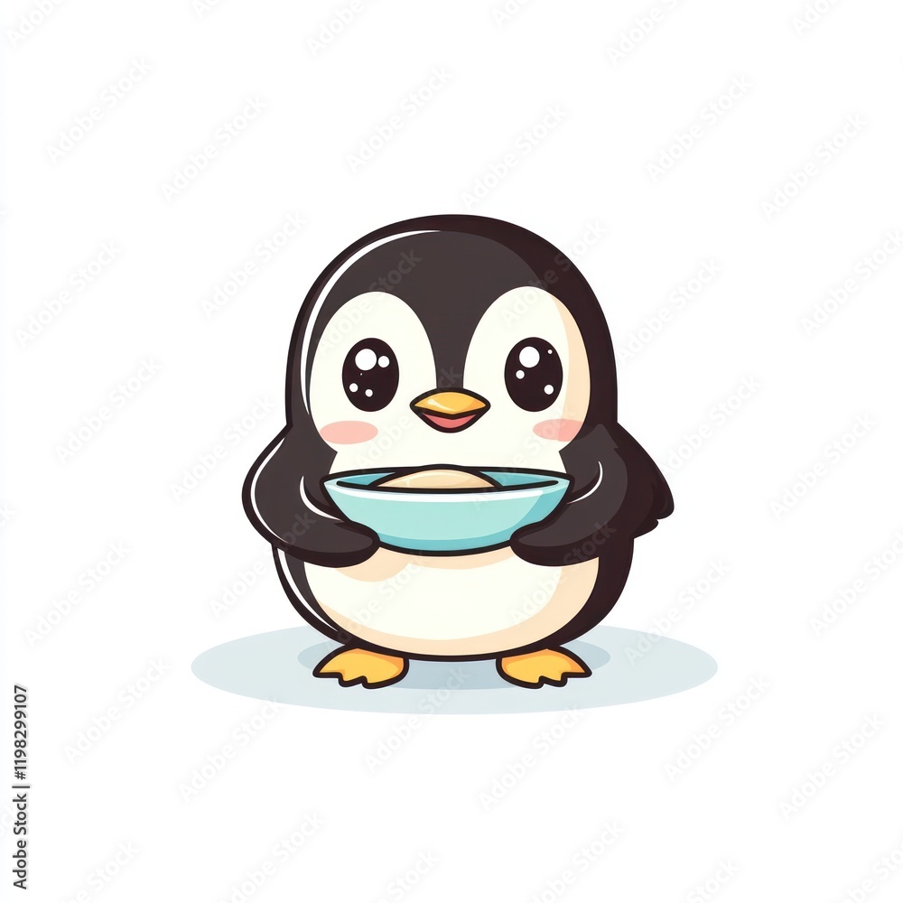 Obraz premium Cute penguin holding a bowl. Simple background suitable for children's content