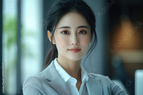 A young Asian woman in a grey blazer looks directly at the camera with a confident and serene expression.