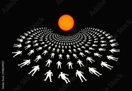 Surreal Human Figures in Circular Formation Against Black Background with Orange Sun: A High-Resolution Illustration of Individuality and Collective Existence