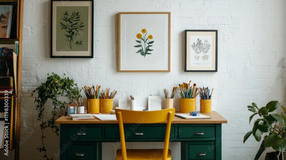 Fototapeta premium Cozy workspace filled with art supplies and plants for creative inspiration and productivity