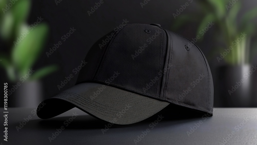 Black baseball cap, dark studio, plants background; mockup Black baseball cap, dark studio, plants background; mockup