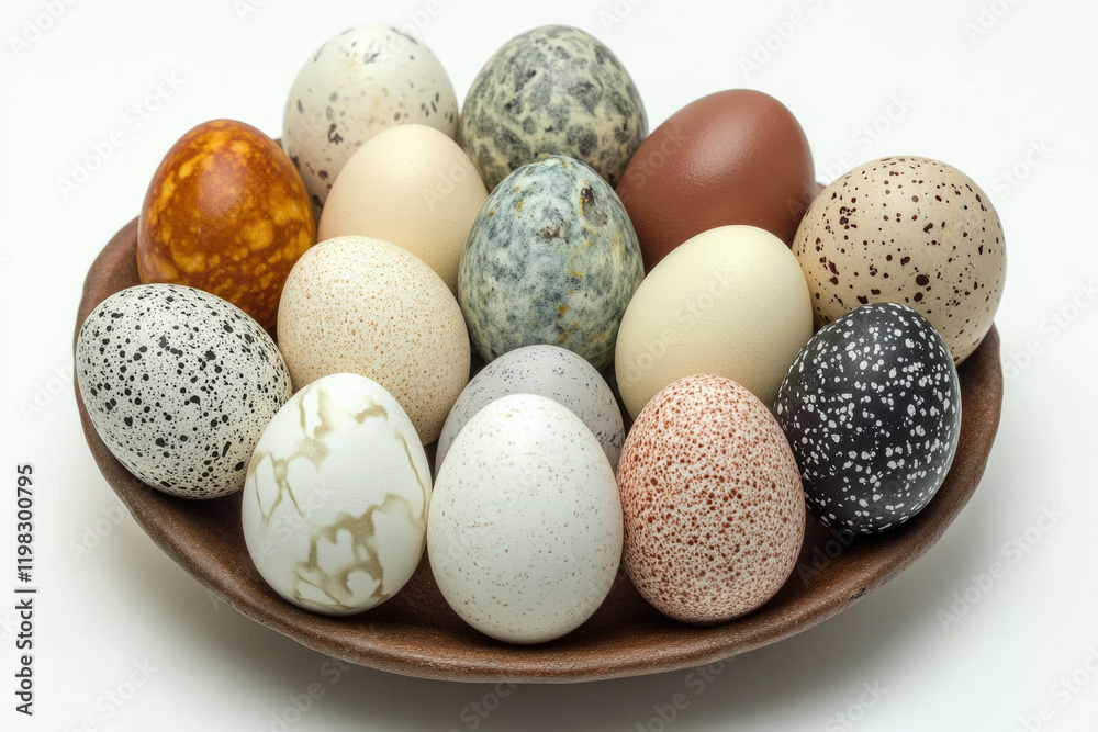 A collection of uniquely patterned bird eggs in a rustic bowl. A collection of uniquely patterned bird eggs in a rustic bowl.
