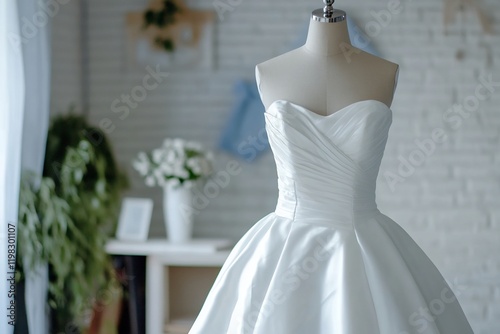 Bridal gown on display, atelier background photo