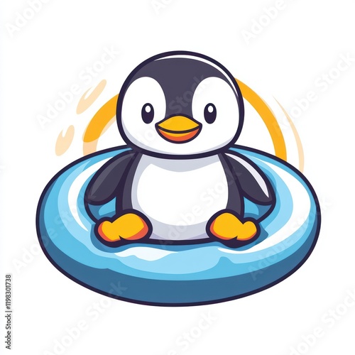 Penguin cartoon floats on a blue inflatable tube, white background, for kids or animated content photo