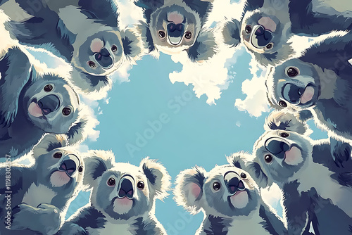 Fototapeta Naklejka Na Ścianę i Meble -  A playful arrangement of koalas looking down from a circular perspective against a blue sky.