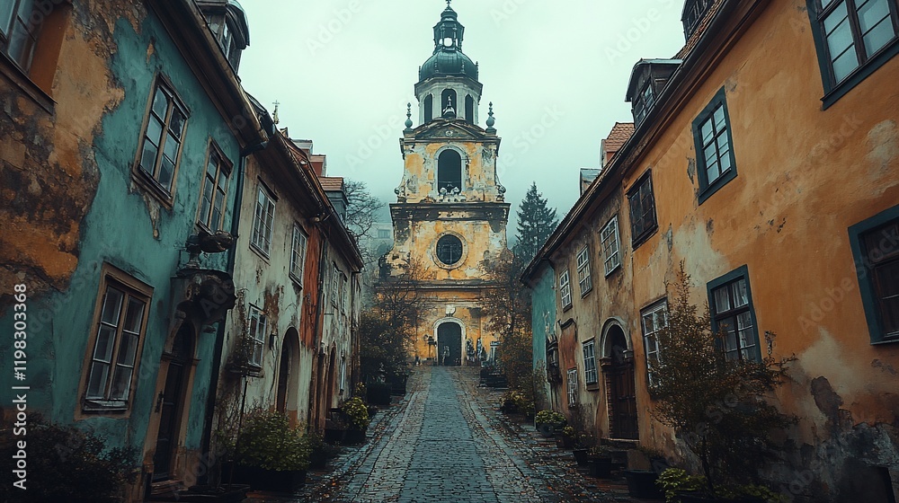 Obraz premium Misty cobblestone street, old European town, church, autumn