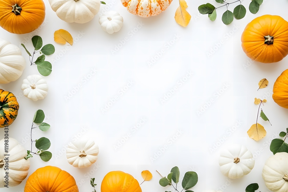 Fototapeta premium Beautiful Arrangement of White and Orange Pumpkins Surrounded by Greenery and Autumn Leaves on a White Background for Seasonal Decor or Harvest Themes
