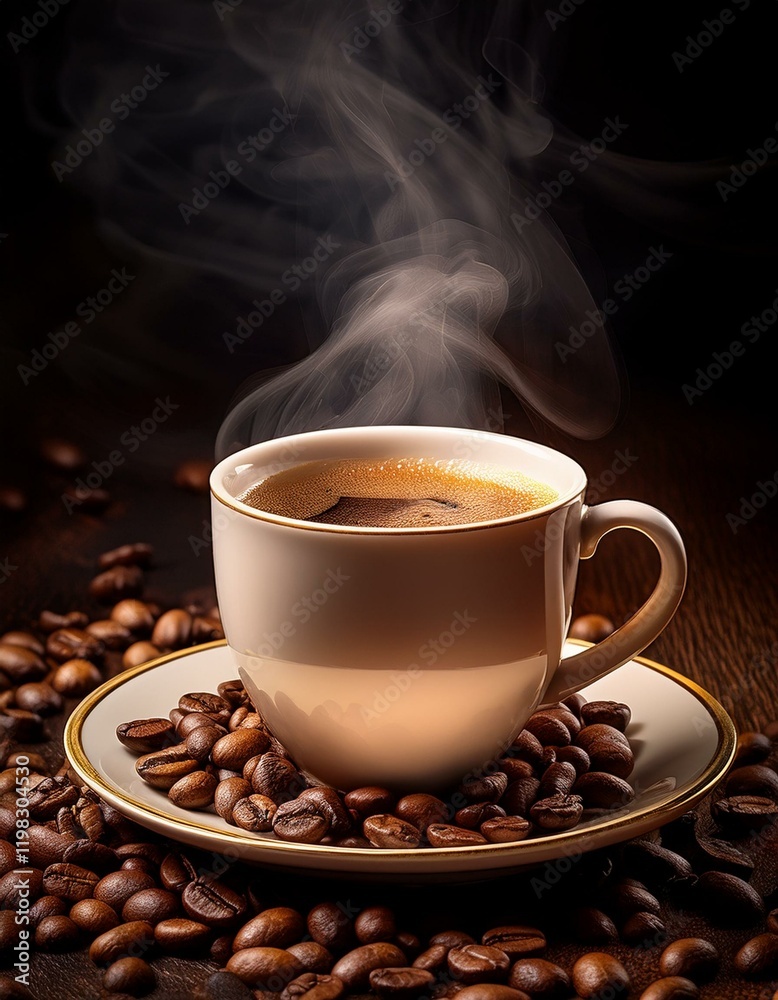 Steaming cup of coffee on a bed of beans. Steaming cup of coffee on a bed of beans.