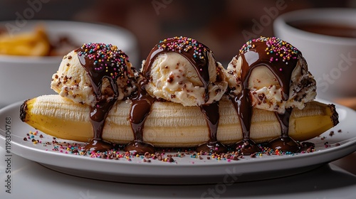 Delicious Banana Split with Ice Cream and Chocolate Sauce photo