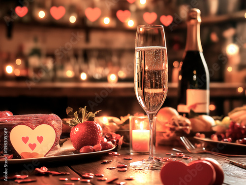 Fundo fotográfico com tema de dia dos namorados, mesa com vinho, rosas vermelhas e corações. Romance e paixão photo