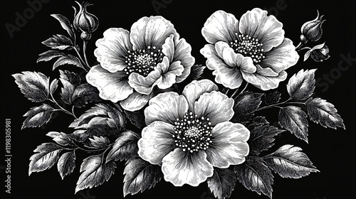 Wallpaper Mural Monochrome illustration of three blooming roses with leaves and buds on a black background. Torontodigital.ca