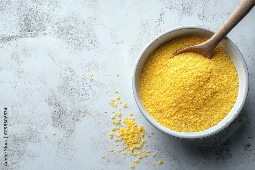 Fototapeta premium Cornmeal porridge on a light concrete surface Bird s eye view Nutritious meal