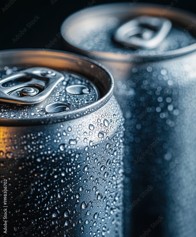 Close-Up of Chilled Aluminum Cans Covered in Water Droplets with Dramatic Lighting for Beverage and Refreshment Themes Close-Up of Chilled Aluminum Cans Covered in Water Droplets with Dramatic Lighting for Beverage and Refreshment Themes